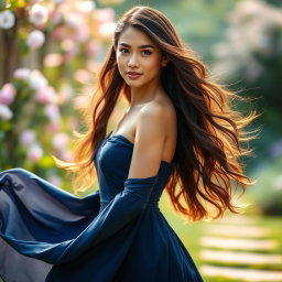 A beautiful woman with long flowing hair, wearing a stunning navy blue dress that elegantly flows around her