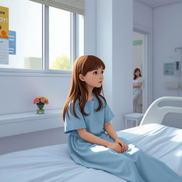 A lonely girl sitting on a hospital bed, looking out the window with a soft, pensive expression