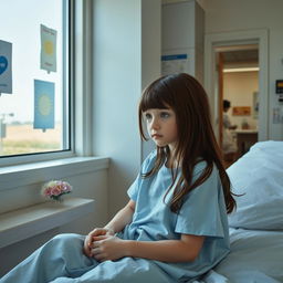 A lonely girl sitting on a hospital bed, looking out the window with a soft, pensive expression