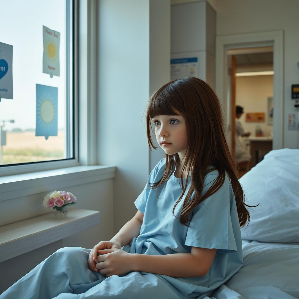 A lonely girl sitting on a hospital bed, looking out the window with a soft, pensive expression