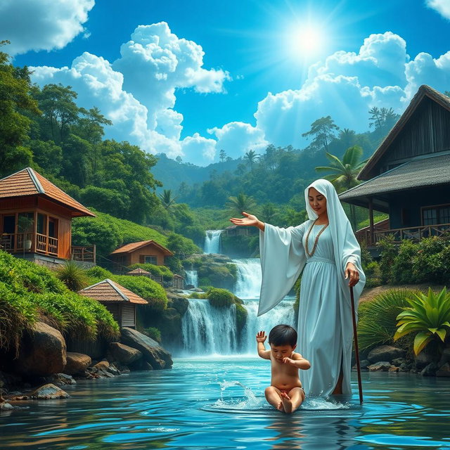 A young Iranian woman in a flowing white robe, resembling the Virgin Mary, is reaching out to help a small child who has fallen into a river