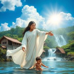 A young Iranian woman in a flowing white robe, resembling the Virgin Mary, is reaching out to help a small child who has fallen into a river