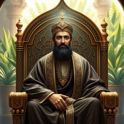 A detailed and respectful artistic representation of Imam Ali, the cousin and son-in-law of the Prophet Muhammad, depicted in traditional Middle Eastern attire