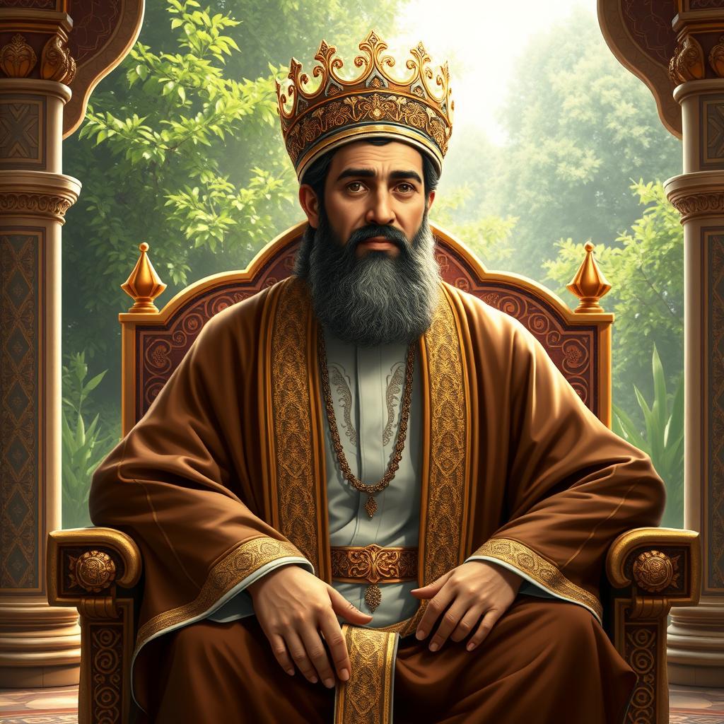 A detailed and respectful artistic representation of Imam Ali, the cousin and son-in-law of the Prophet Muhammad, depicted in traditional Middle Eastern attire