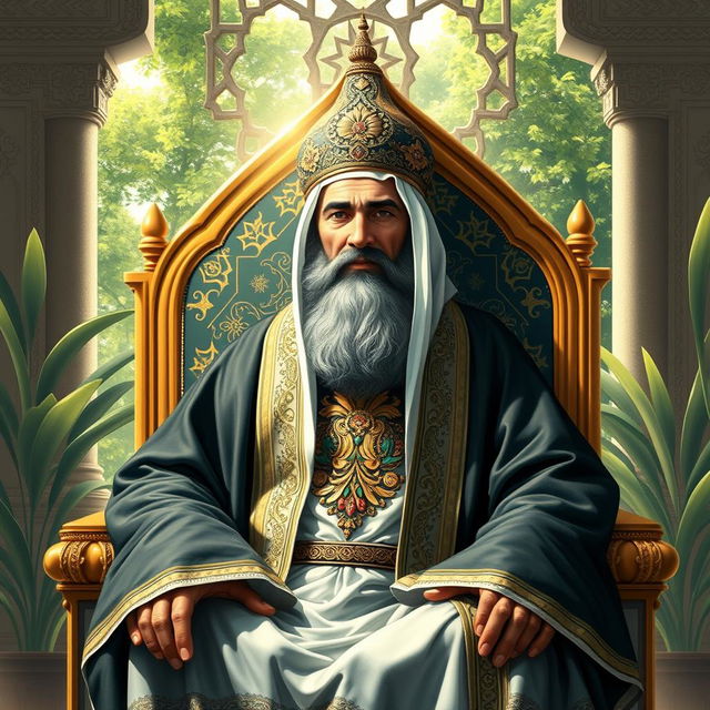 A detailed and respectful artistic representation of Imam Ali, the cousin and son-in-law of the Prophet Muhammad, depicted in traditional Middle Eastern attire