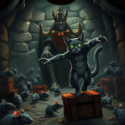 An epic underground lair scene featuring the Rat King, a villainous figure sitting on a throne made of old cheese crates, with glowing red eyes