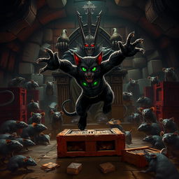 An epic underground lair scene featuring the Rat King, a villainous figure sitting on a throne made of old cheese crates, with glowing red eyes