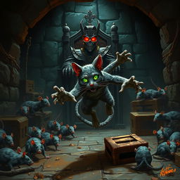 An epic underground lair scene featuring the Rat King, a villainous figure sitting on a throne made of old cheese crates, with glowing red eyes