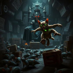 An epic underground lair scene featuring the Rat King, a villainous figure sitting on a throne made of old cheese crates, with glowing red eyes