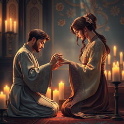 A beautifully detailed scene depicting a moment of giving a ring to a supplicant while in a state of prostration during prayer