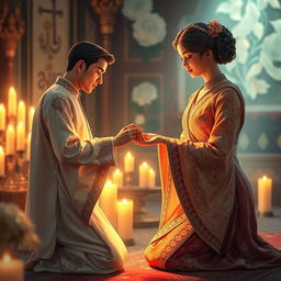 A beautifully detailed scene depicting a moment of giving a ring to a supplicant while in a state of prostration during prayer