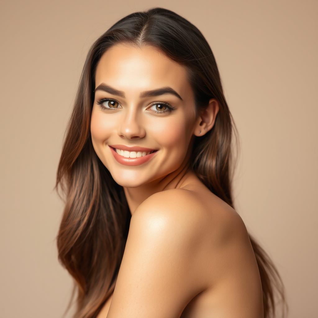 A beautiful and confident woman with flawless skin and an alluring smile, showcasing her natural beauty