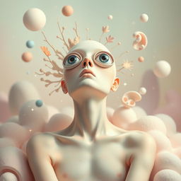 A surreal portrait of a human with eyes on the back of their head, set in a dreamy, whimsical environment filled with soft pastel colors