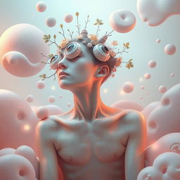 A surreal portrait of a human with eyes on the back of their head, set in a dreamy, whimsical environment filled with soft pastel colors