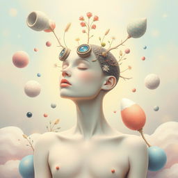 A surreal portrait of a human with eyes on the back of their head, set in a dreamy, whimsical environment filled with soft pastel colors