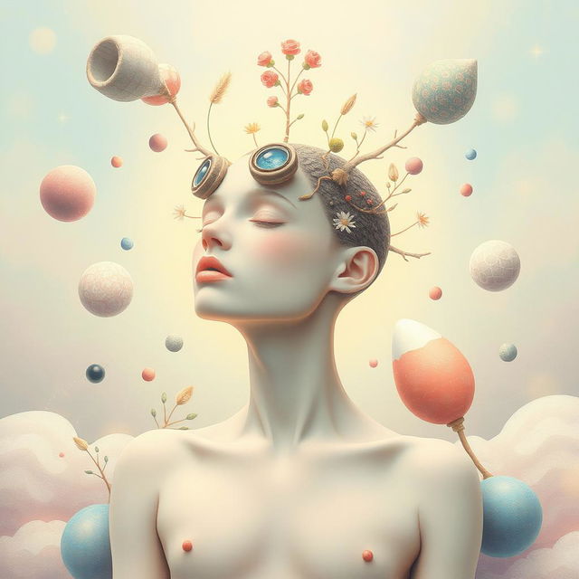 A surreal portrait of a human with eyes on the back of their head, set in a dreamy, whimsical environment filled with soft pastel colors