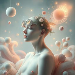 A surreal portrait of a human with eyes on the back of their head, set in a dreamy, whimsical environment filled with soft pastel colors