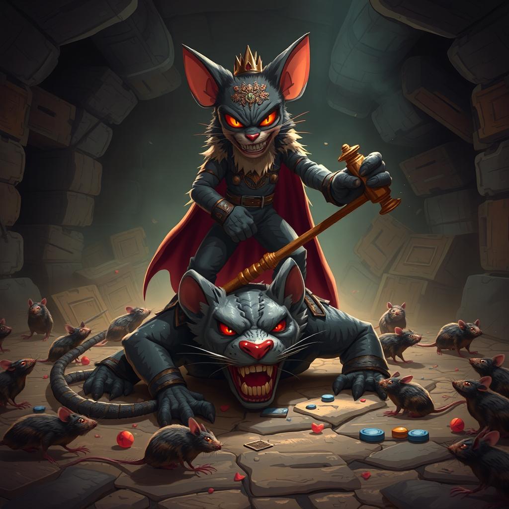 A dramatic underground lair scene where the Rat King, an angry villain with glowing red eyes, is being pinned to the ground by Progs 5, a heroic feline character exuding strength and determination