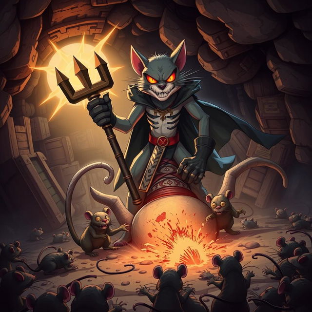 A dramatic underground lair scene where the Rat King, an angry villain with glowing red eyes, is being pinned to the ground by Progs 5, a heroic feline character exuding strength and determination