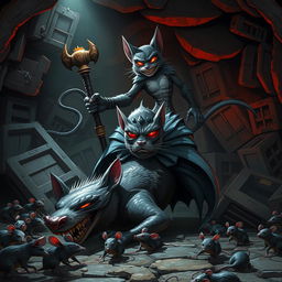 A dramatic underground lair scene where the Rat King, an angry villain with glowing red eyes, is being pinned to the ground by Progs 5, a heroic feline character exuding strength and determination
