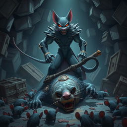 A dramatic underground lair scene where the Rat King, an angry villain with glowing red eyes, is being pinned to the ground by Progs 5, a heroic feline character exuding strength and determination