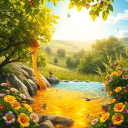 A beautiful depiction of a honey spring (چشمه عسل) surrounded by lush green trees and vibrant flowers