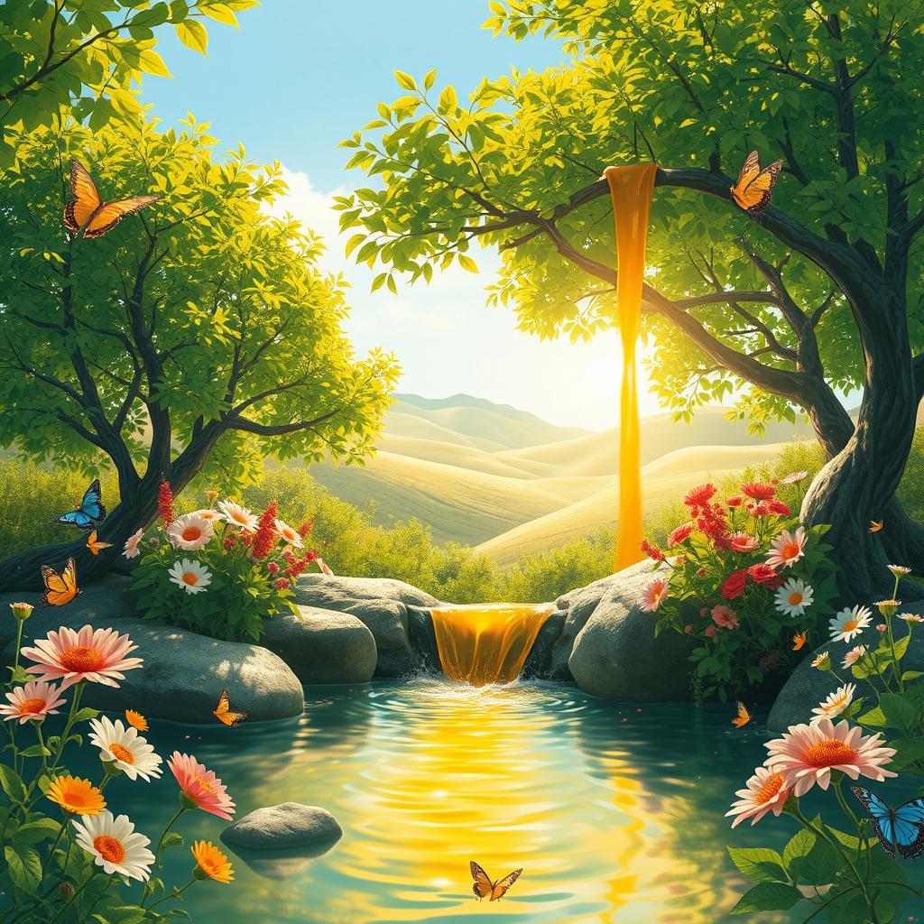A beautiful depiction of a honey spring (چشمه عسل) surrounded by lush green trees and vibrant flowers