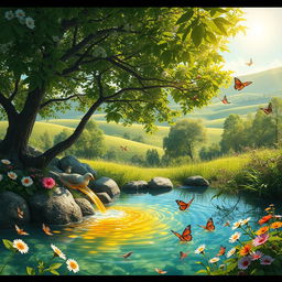 A beautiful depiction of a honey spring (چشمه عسل) surrounded by lush green trees and vibrant flowers