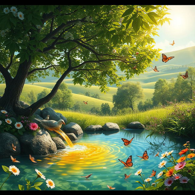 A beautiful depiction of a honey spring (چشمه عسل) surrounded by lush green trees and vibrant flowers