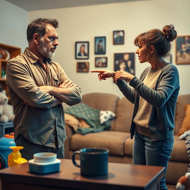 A tense domestic scene depicting parents arguing in a living room