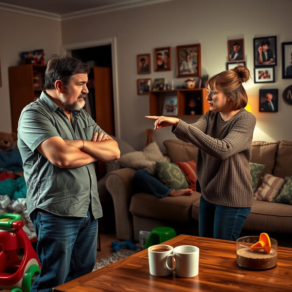 A tense domestic scene depicting parents arguing in a living room