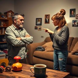 A tense domestic scene depicting parents arguing in a living room