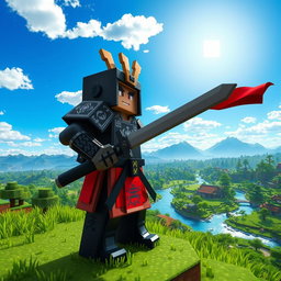 A detailed scene of a samurai character in a blocky Minecraft world, wearing traditional samurai armor with intricate designs, holding a katana