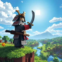 A detailed scene of a samurai character in a blocky Minecraft world, wearing traditional samurai armor with intricate designs, holding a katana