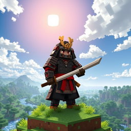 A detailed scene of a samurai character in a blocky Minecraft world, wearing traditional samurai armor with intricate designs, holding a katana