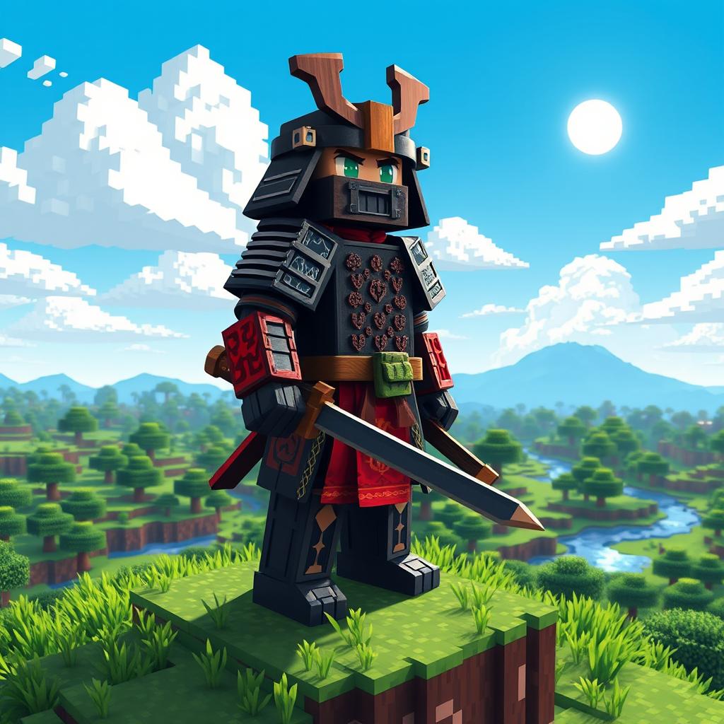 A detailed scene of a samurai character in a blocky Minecraft world, wearing traditional samurai armor with intricate designs, holding a katana