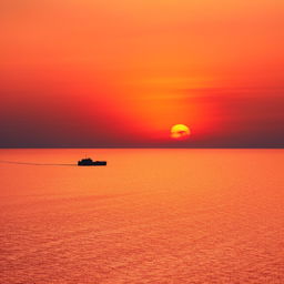 A captivating panoramic view of a sea sunset, with vibrant orange and pink hues painting the sky. The light is shimmering on the calm water, with a silhouetted ship sailing in the distance.