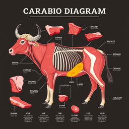 A detailed butcher diagram illustrating the various cuts of carabao (water buffalo) meat
