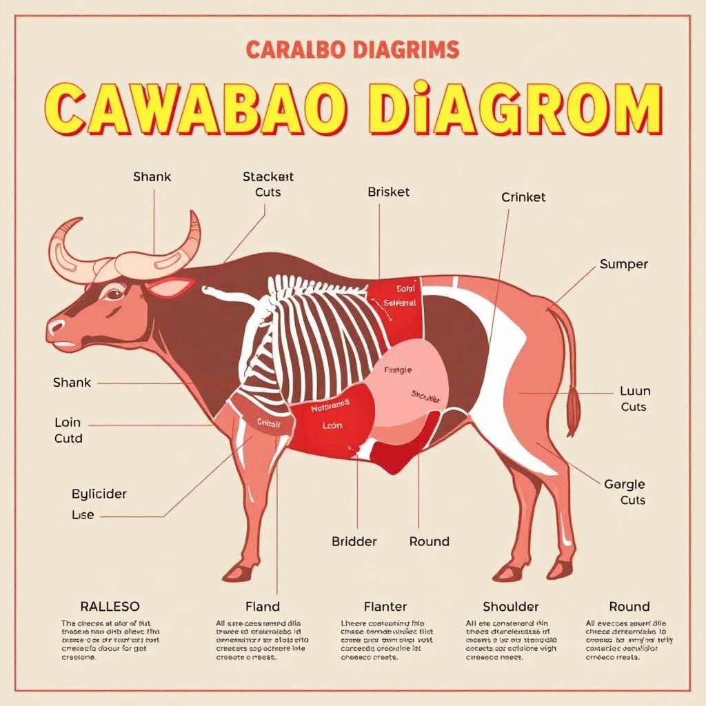 A detailed butcher diagram illustrating the various cuts of carabao (water buffalo) meat