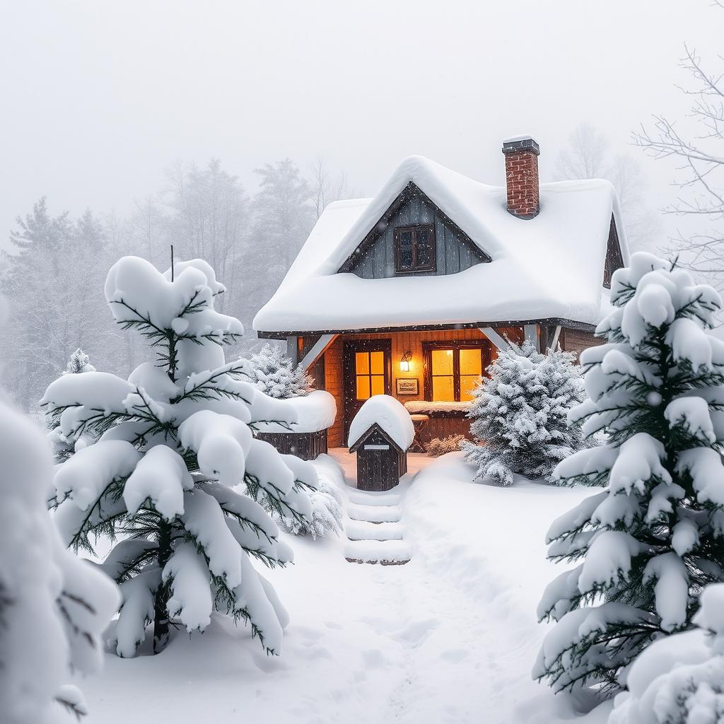 A cozy winter scene featuring a charming small house covered in a thick blanket of snow