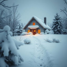 A cozy winter scene featuring a charming small house covered in a thick blanket of snow