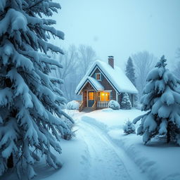 A cozy winter scene featuring a charming small house covered in a thick blanket of snow