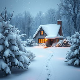 A cozy winter scene featuring a charming small house covered in a thick blanket of snow