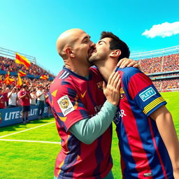 A humorous and whimsical scene depicting a bald man passionately kissing Lionel Messi