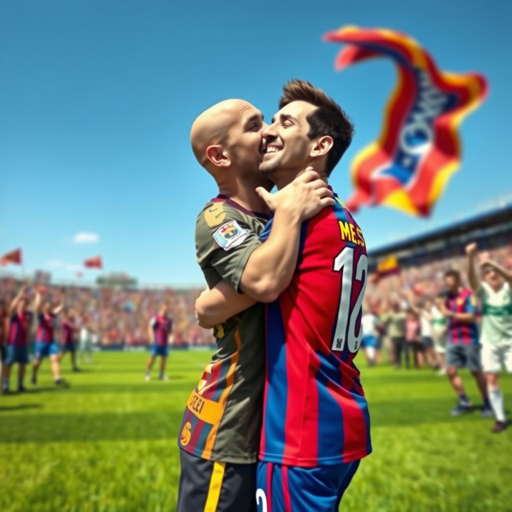 A humorous and whimsical scene depicting a bald man passionately kissing Lionel Messi