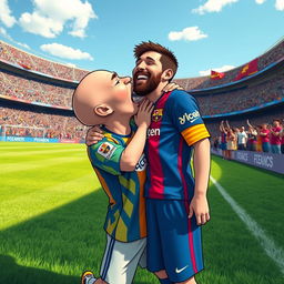 A humorous and whimsical scene depicting a bald man passionately kissing Lionel Messi