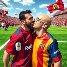 A humorous and whimsical scene depicting a bald man passionately kissing Lionel Messi