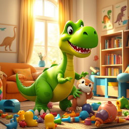 A playful dinosaur inside a cozy living room, surrounded by colorful furniture and playful decorations