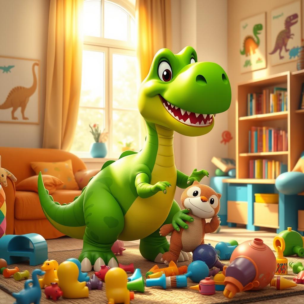 A playful dinosaur inside a cozy living room, surrounded by colorful furniture and playful decorations