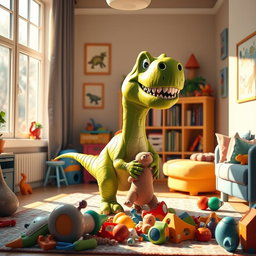 A playful dinosaur inside a cozy living room, surrounded by colorful furniture and playful decorations